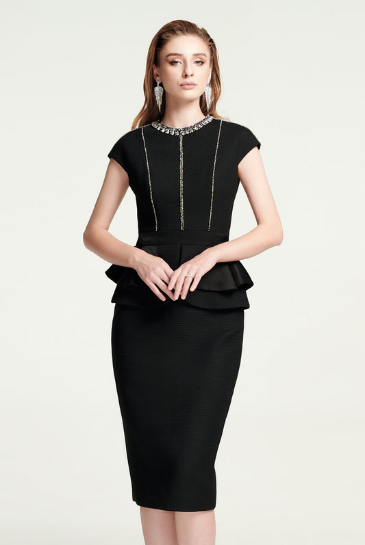 Black Cap Sleeve Peplum Pencil Dress with Embellished Neckline