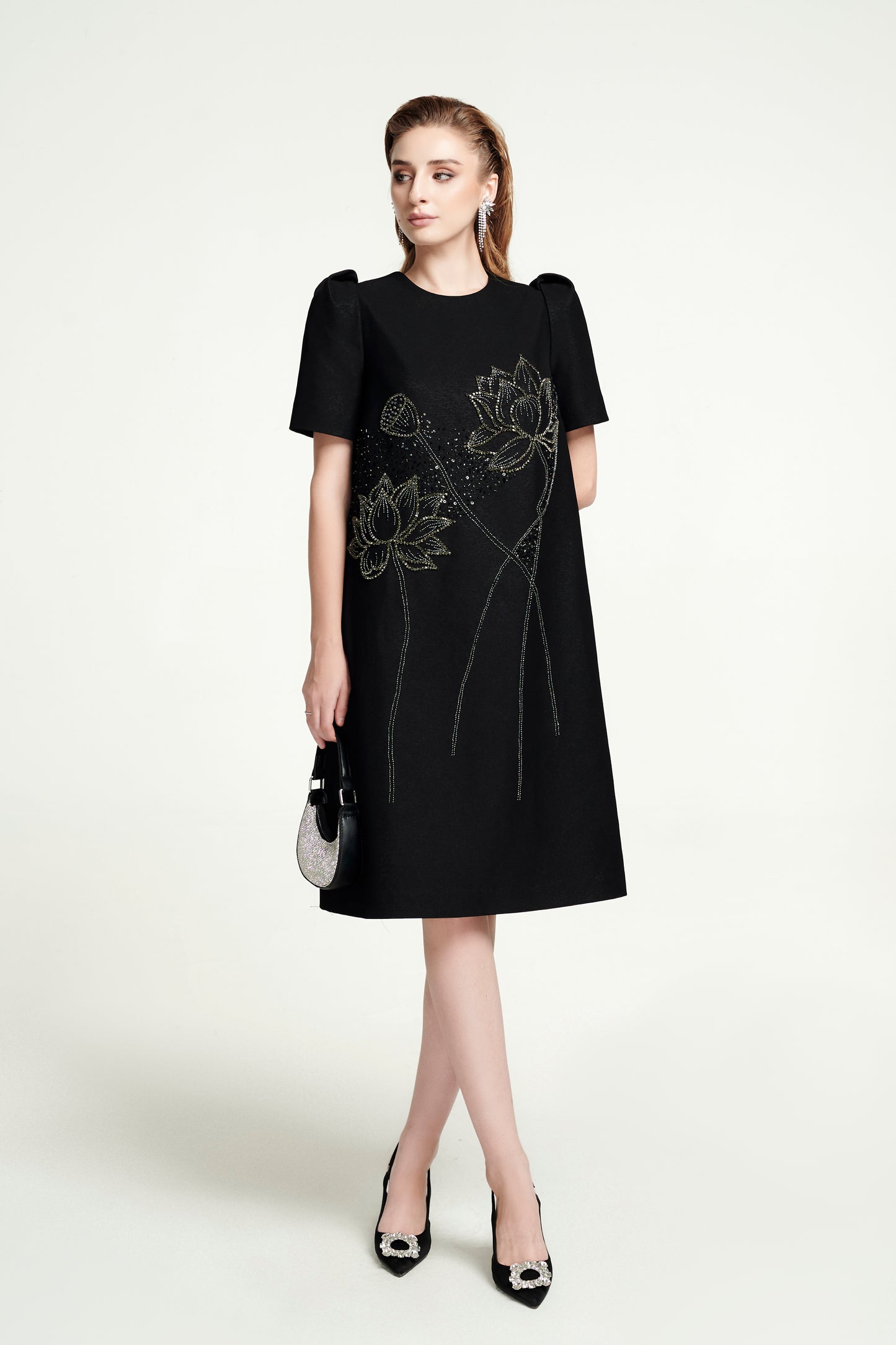 Black Shift Dress with Floral Embroidery and Puff Sleeves