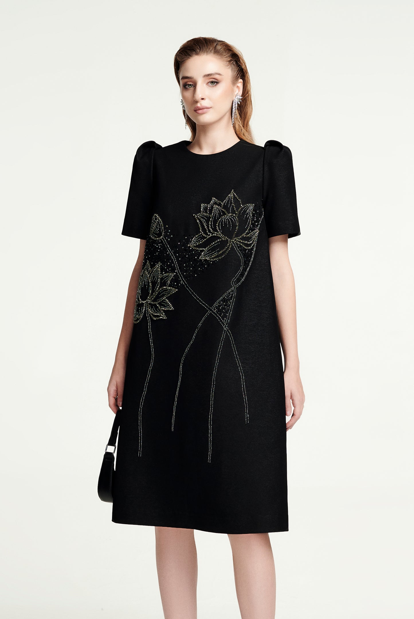 Black Shift Dress with Floral Embroidery and Puff Sleeves