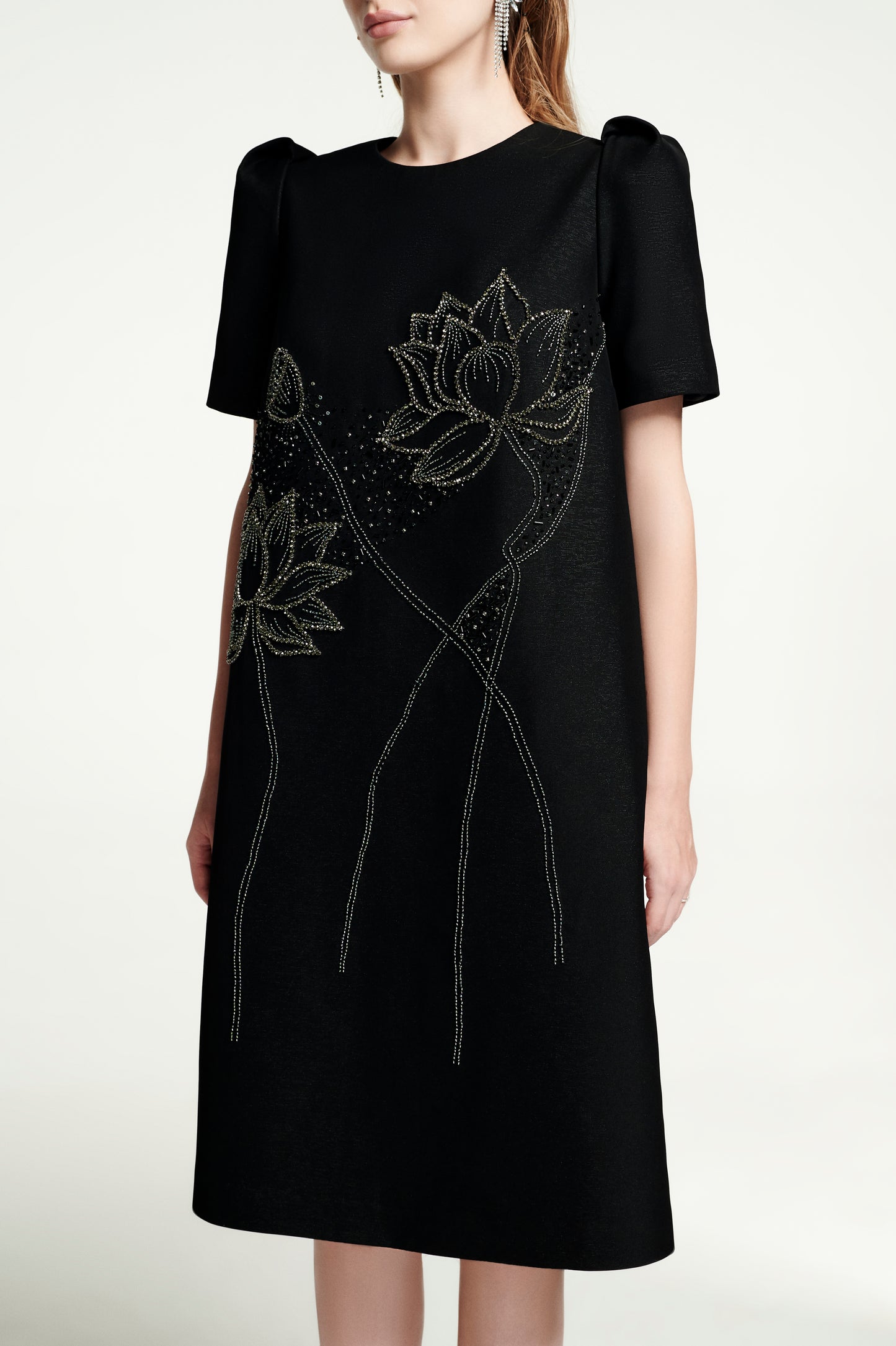 Black Shift Dress with Floral Embroidery and Puff Sleeves