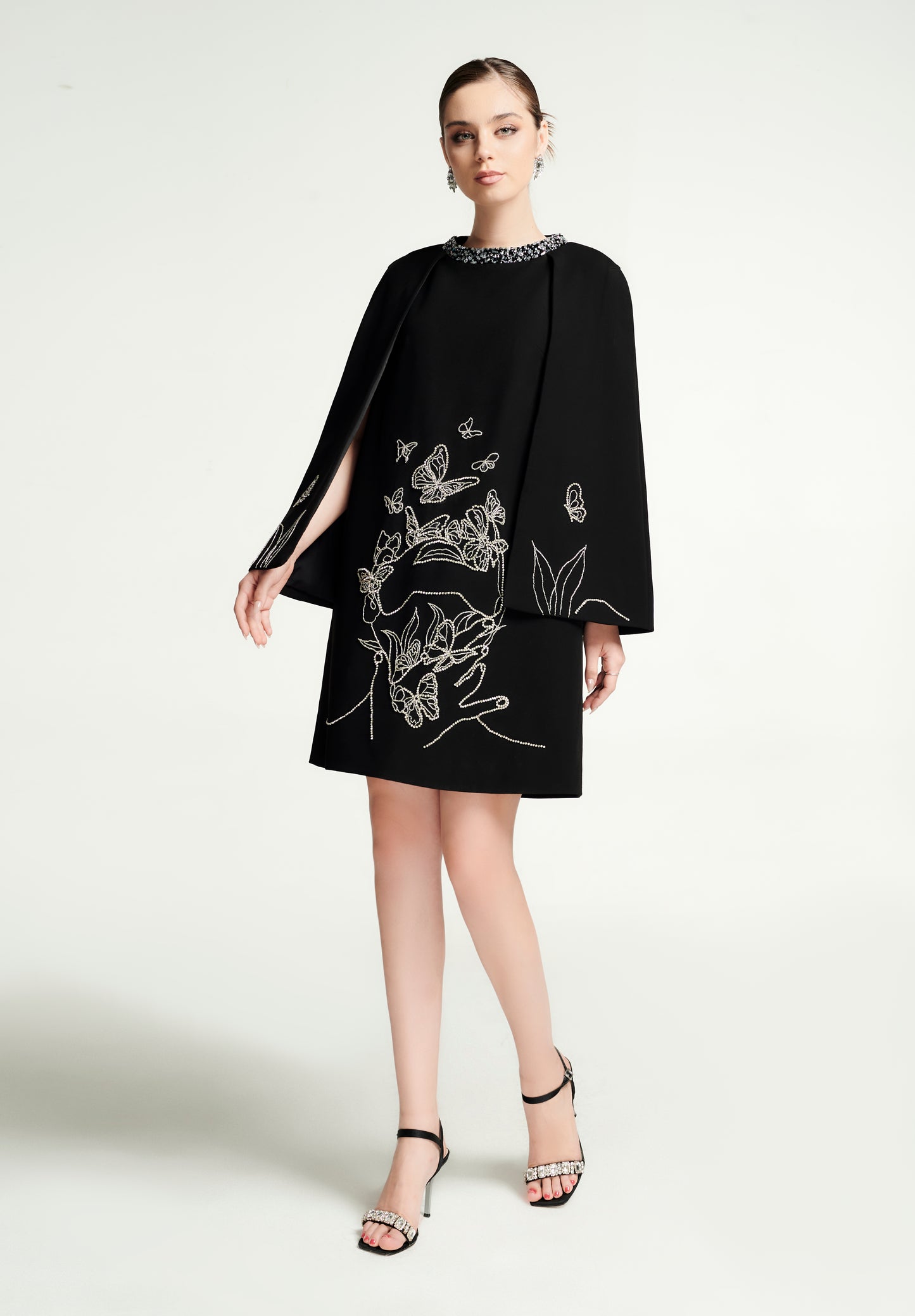 Black Cape Dress with Butterfly Embroidery