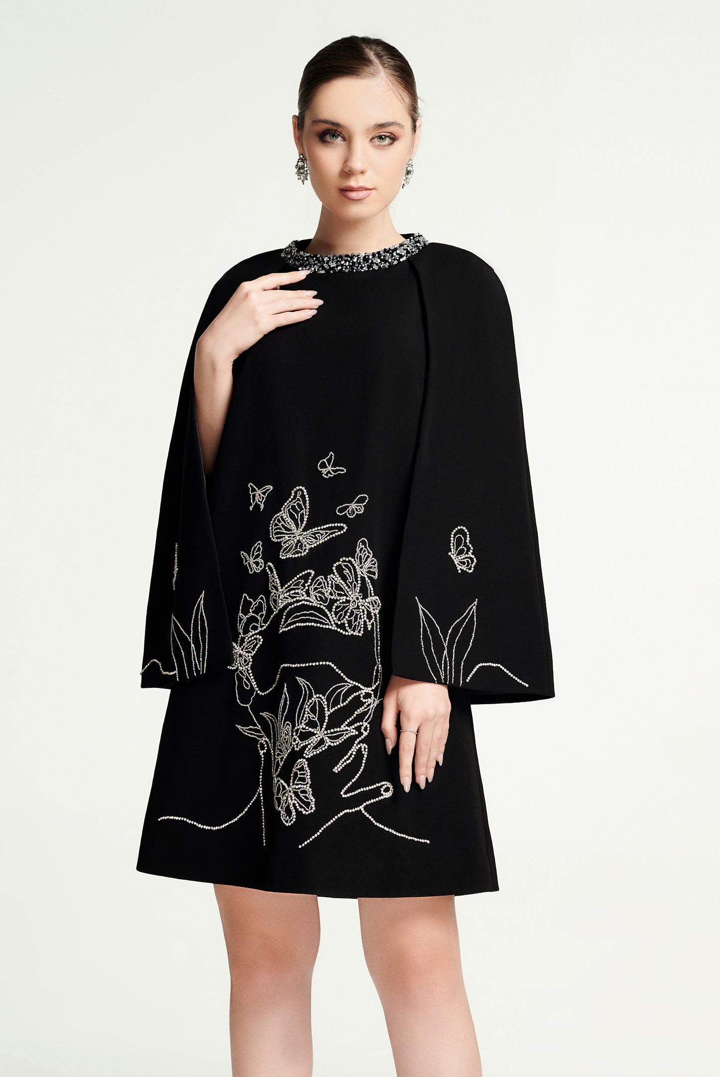 Black Cape Dress with Butterfly Embroidery