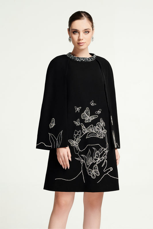 Black Cape Dress with Butterfly Embroidery