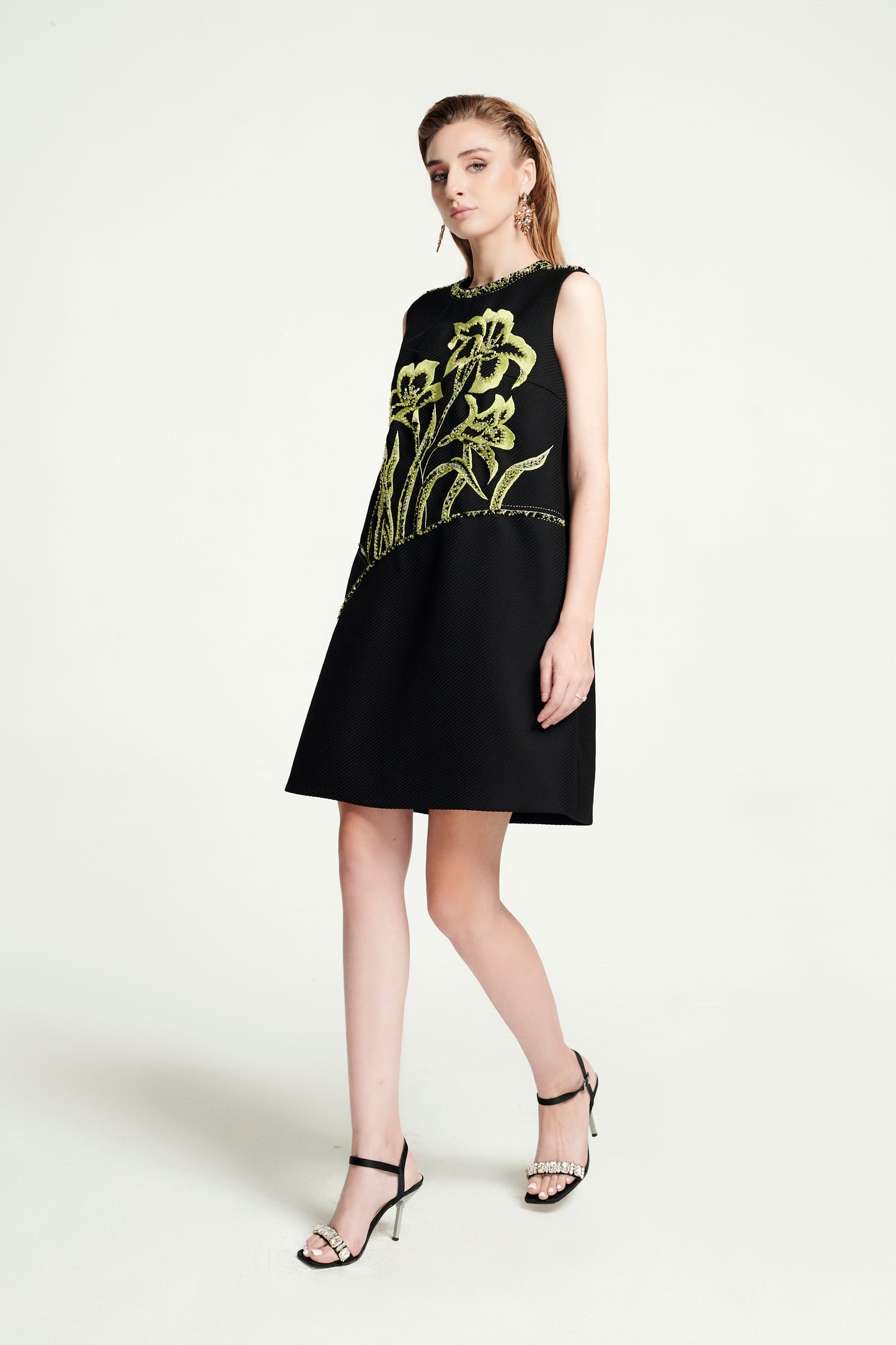 Black Floral Embroidered A-Line Sleeveless Dress