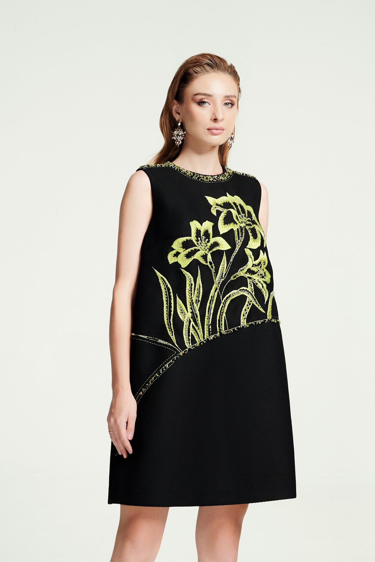 Black Floral Embroidered A-Line Sleeveless Dress