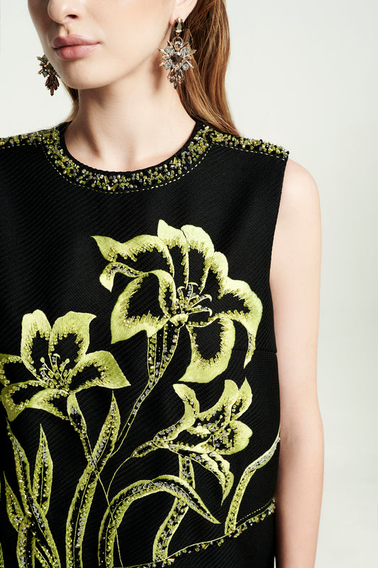 Black Floral Embroidered A-Line Sleeveless Dress