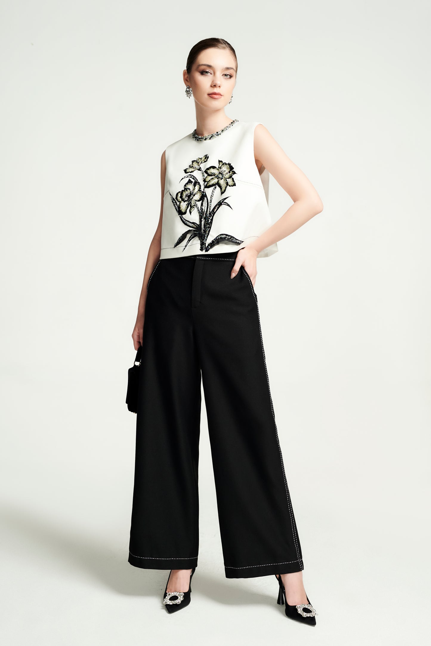 Embroidered Floral Cropped Top with High-Waisted Black Wide-Leg Pants