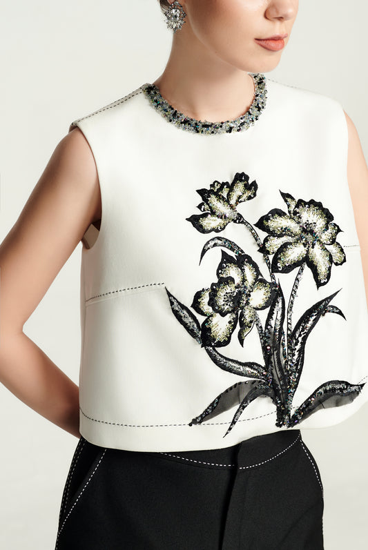 Embroidered Floral Cropped Top with High-Waisted Black Wide-Leg Pants