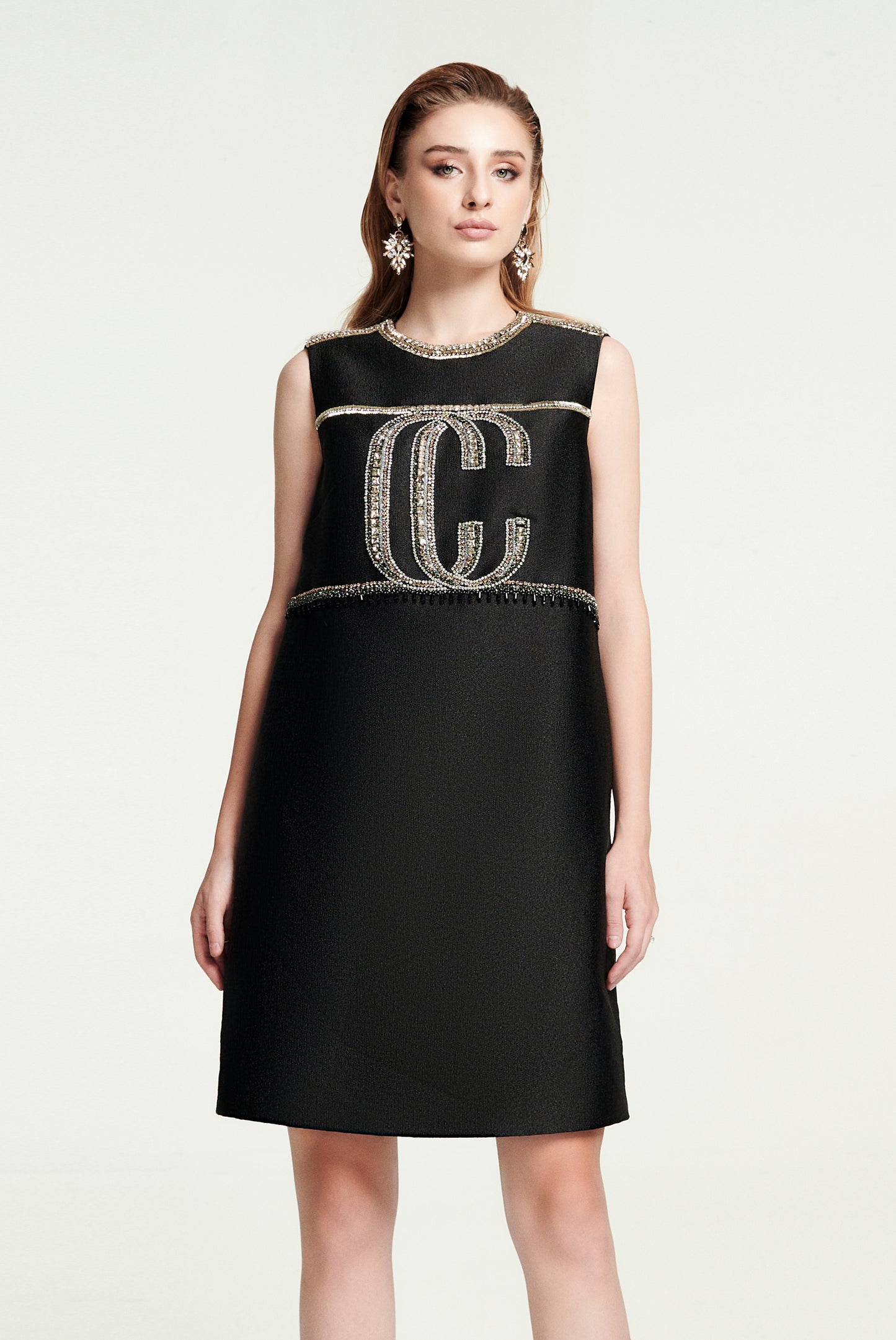 Black Sleeveless A-Line Dress with Embellished Logo Detailing