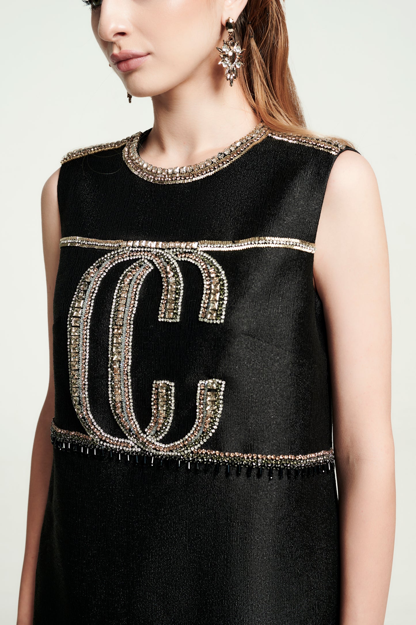 Black Sleeveless A-Line Dress with Embellished Logo Detailing