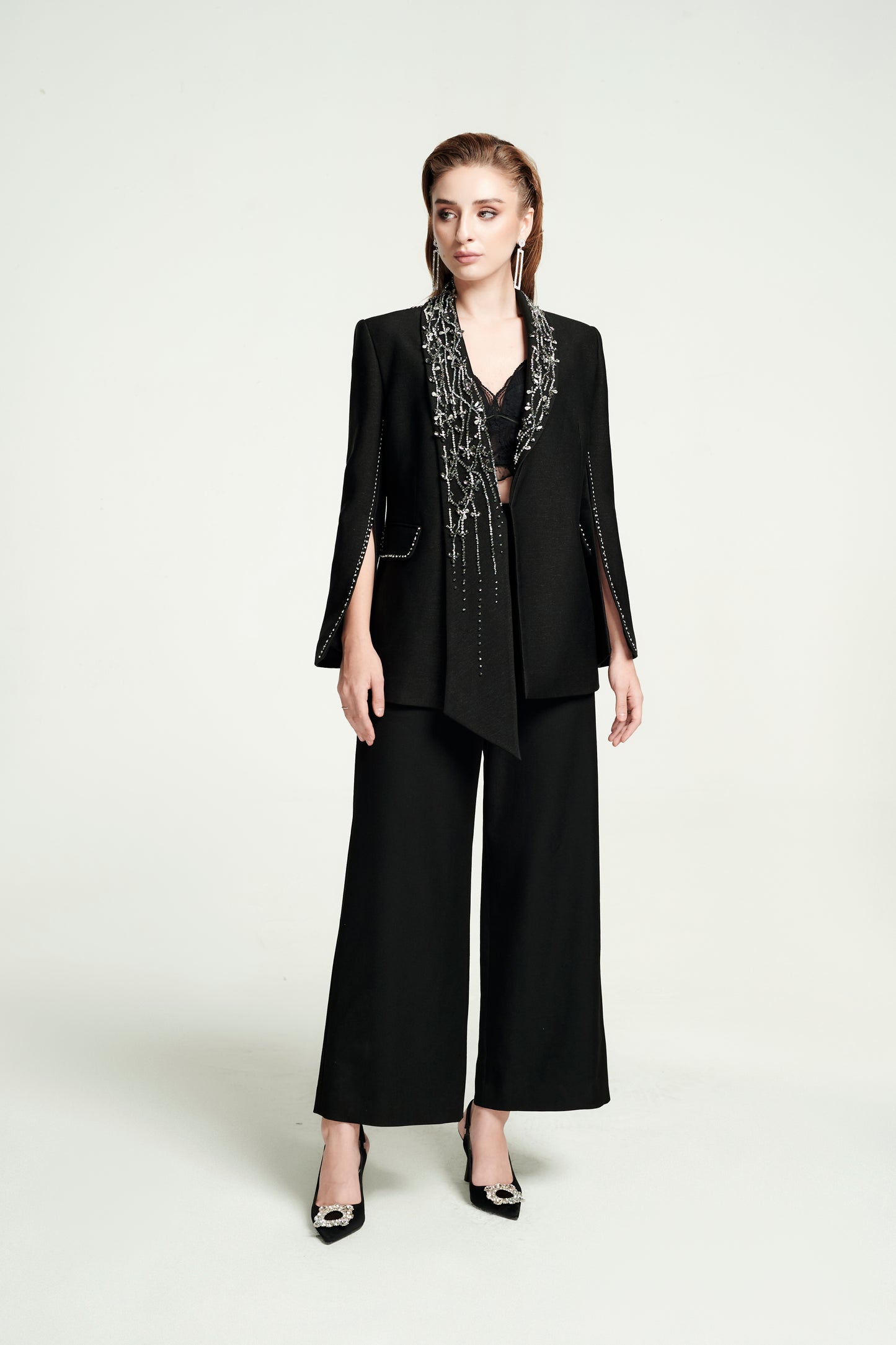 Black Wide-Leg Pantsuit with Embellished Cape Blazer and Lace Detail
