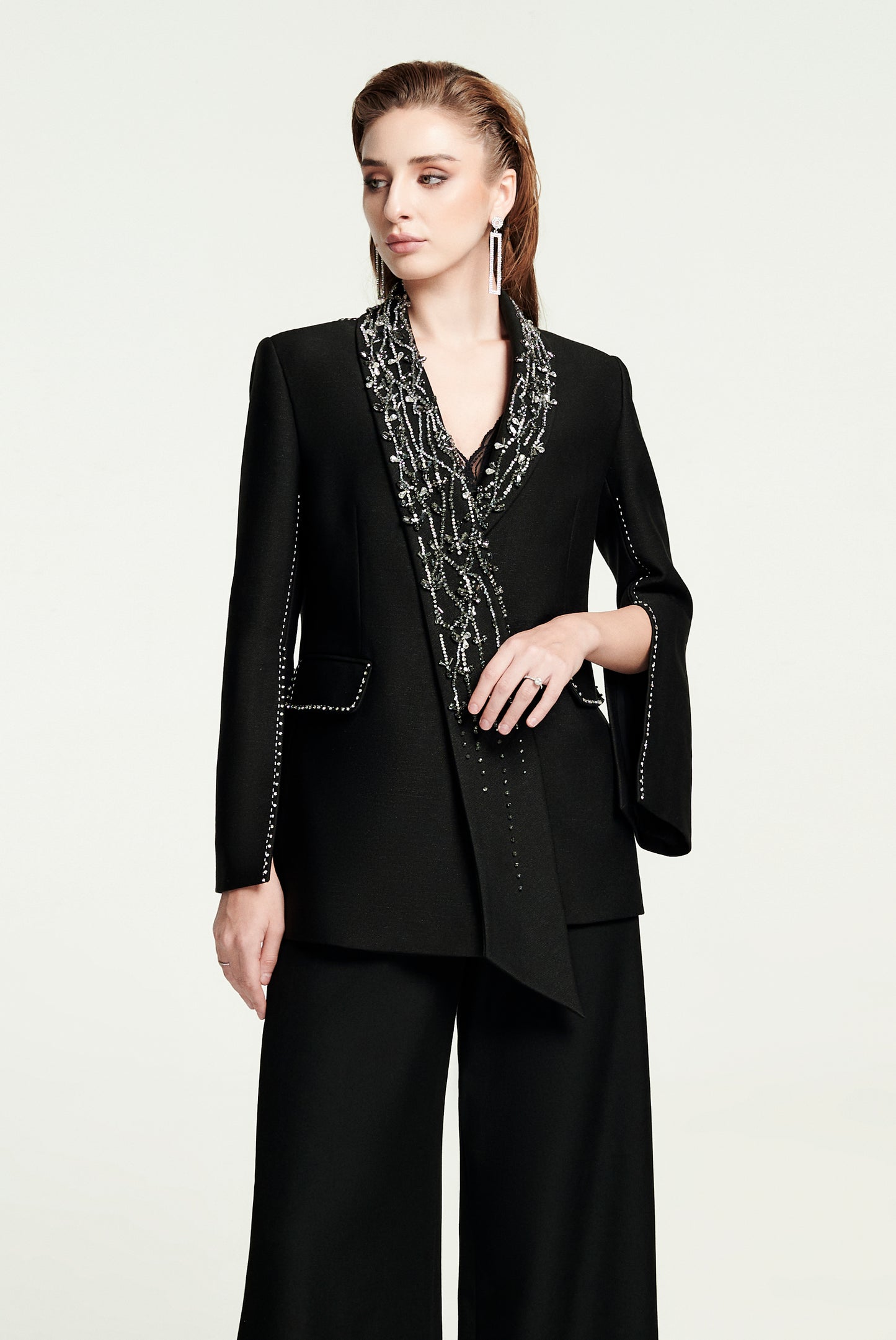 Black Wide-Leg Pantsuit with Embellished Cape Blazer and Lace Detail