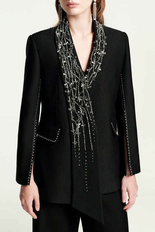 Black Wide-Leg Pantsuit with Embellished Cape Blazer and Lace Detail