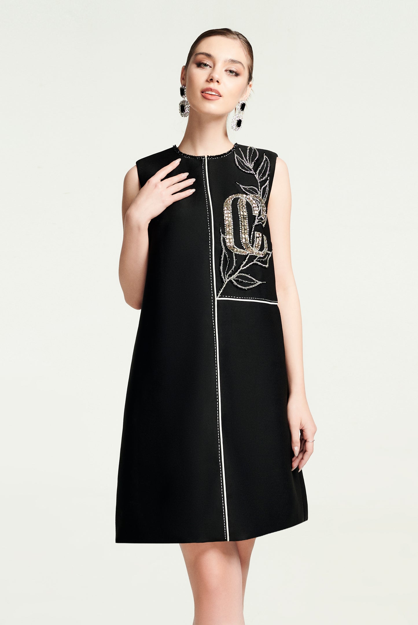Sleeveless Black A-Line Dress with Beaded Front Embroidery