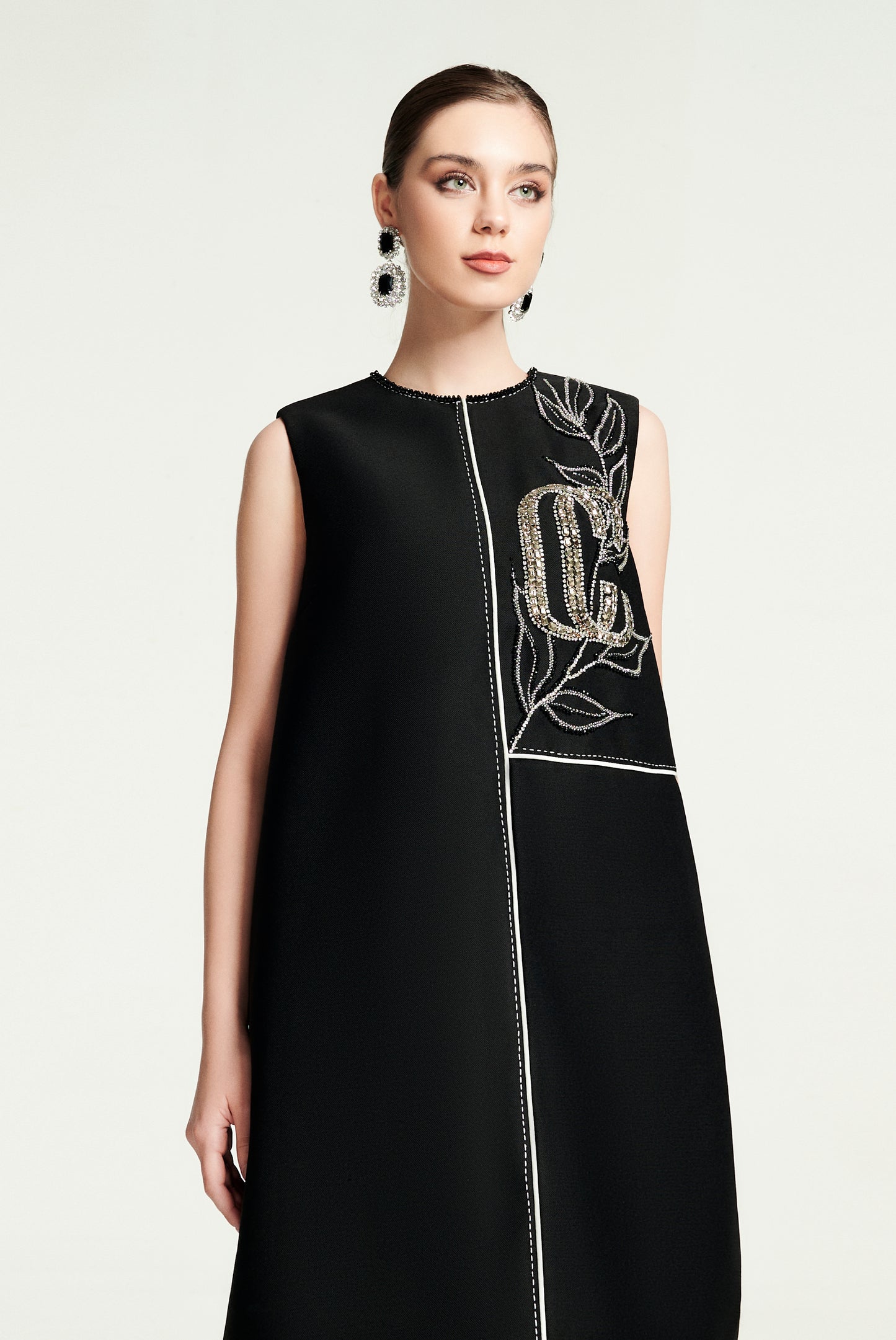 Sleeveless Black A-Line Dress with Beaded Front Embroidery