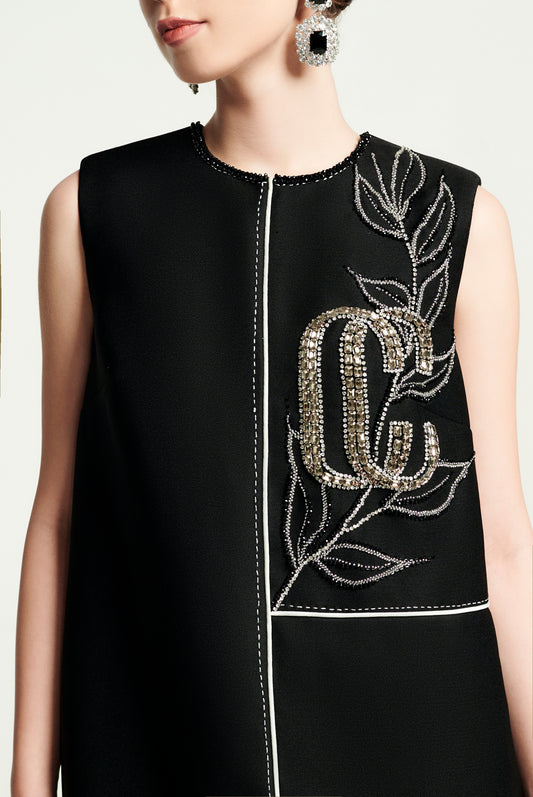 Sleeveless Black A-Line Dress with Beaded Front Embroidery