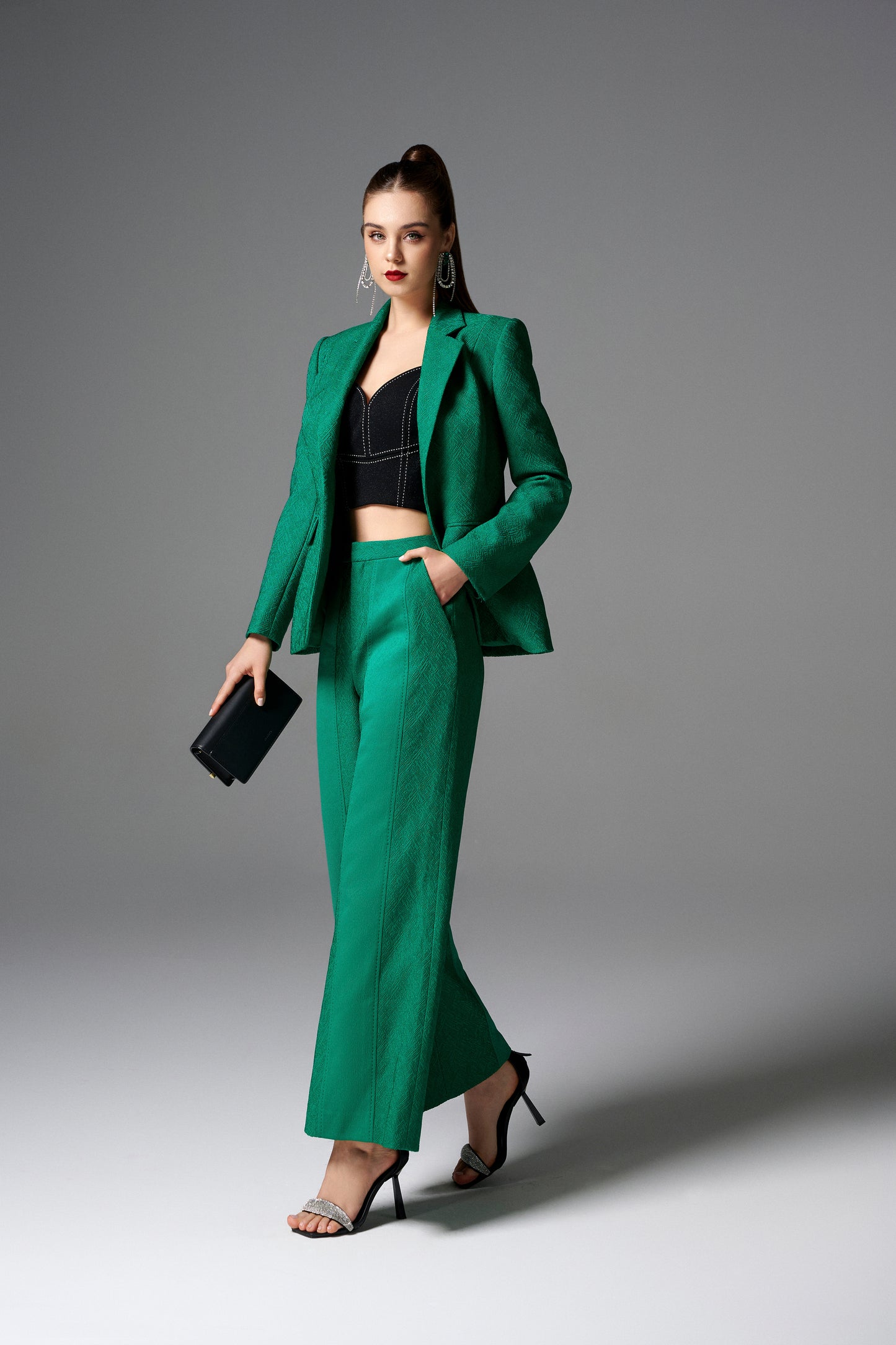Emerald Green Jacquard Blazer & Wide-Leg Pants Set with Black Crop Top