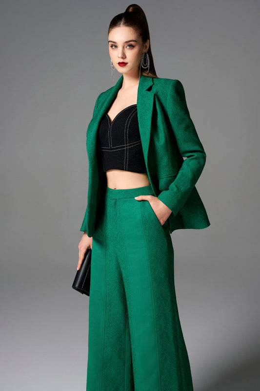 Emerald Green Jacquard Blazer & Wide-Leg Pants Set with Black Crop Top
