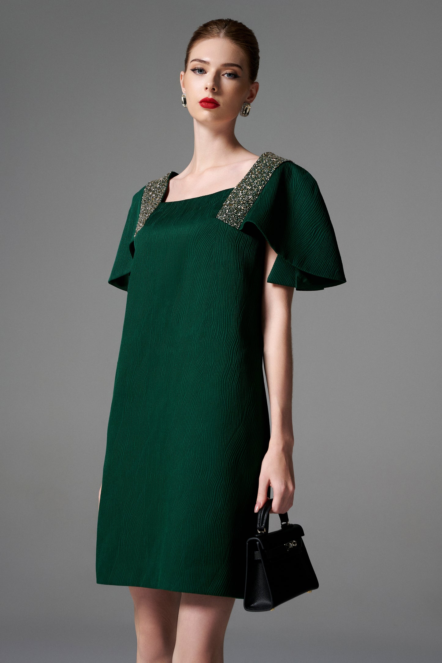 Emerald Green Evening Dress with Embellished Square Neckline