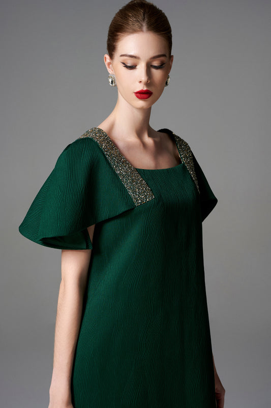 Emerald Green Evening Dress with Embellished Square Neckline