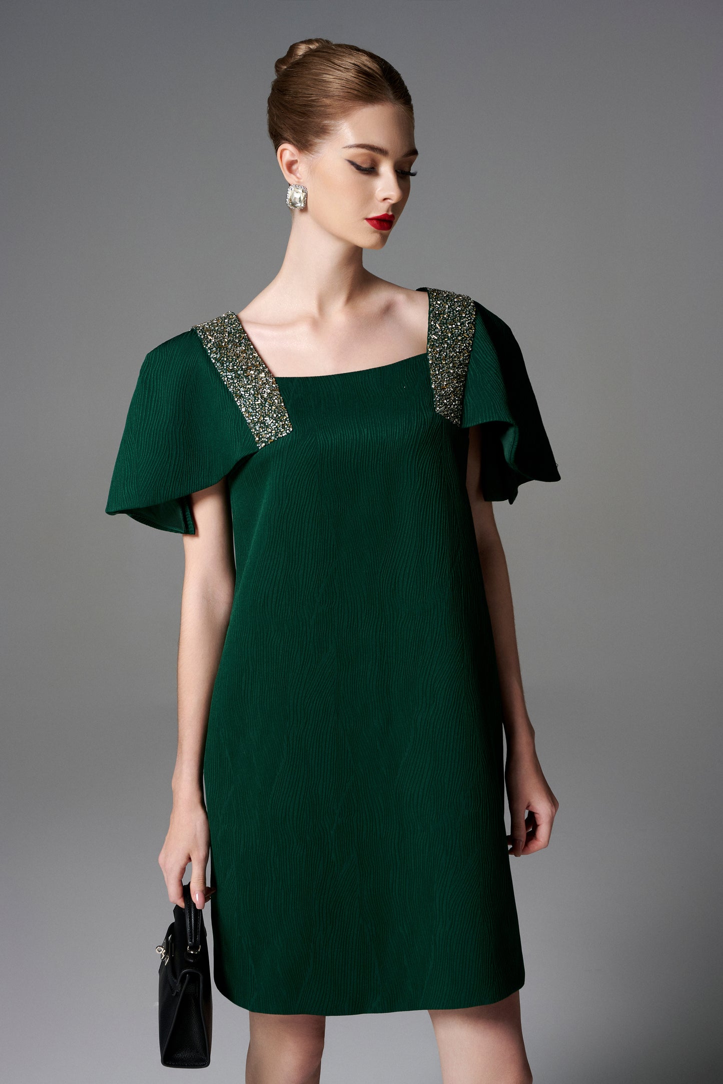 Emerald Green Evening Dress with Embellished Square Neckline