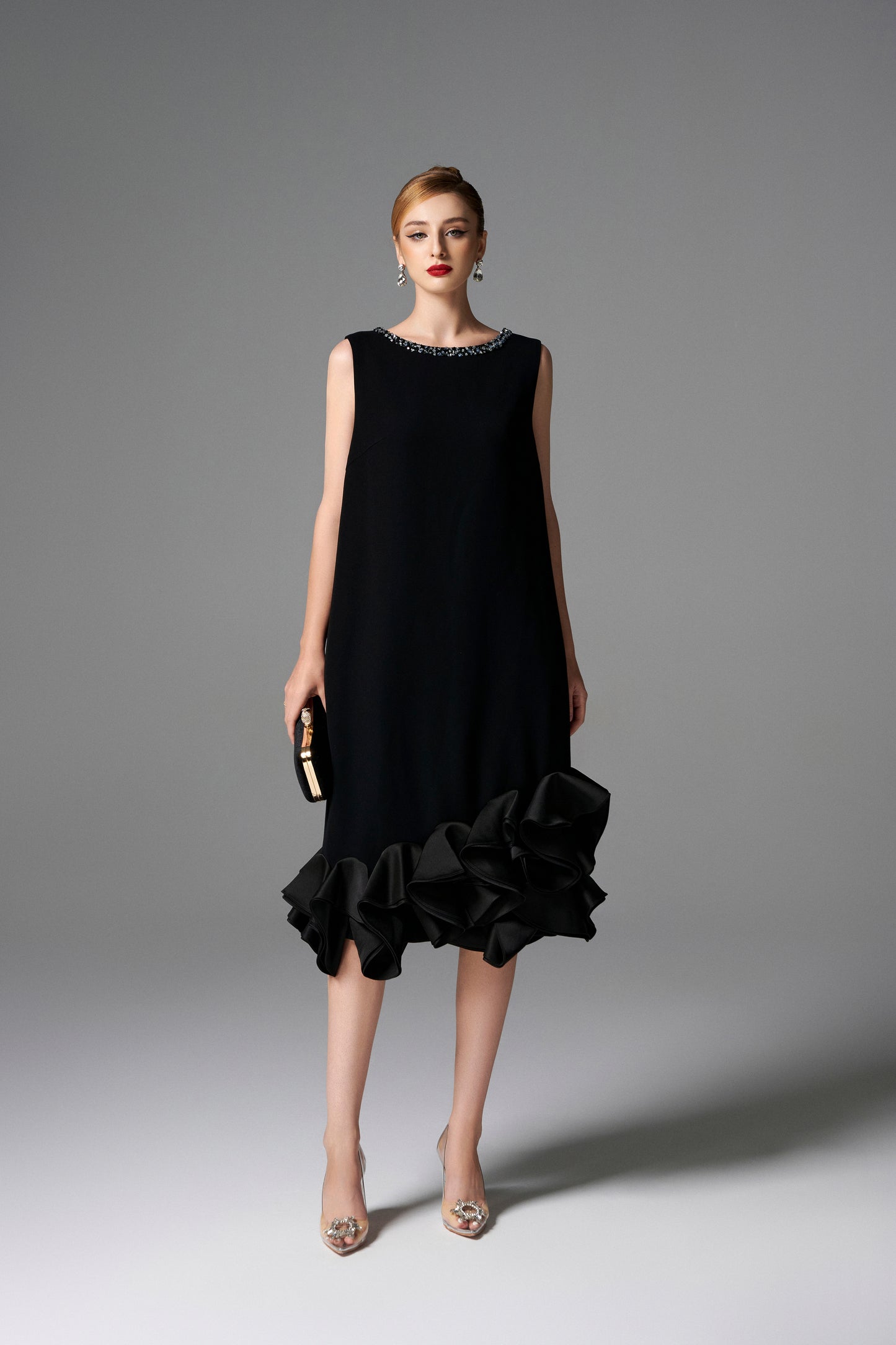 Sleeveless Black Midi Dress with Embellished Neckline and Ruffled Hem