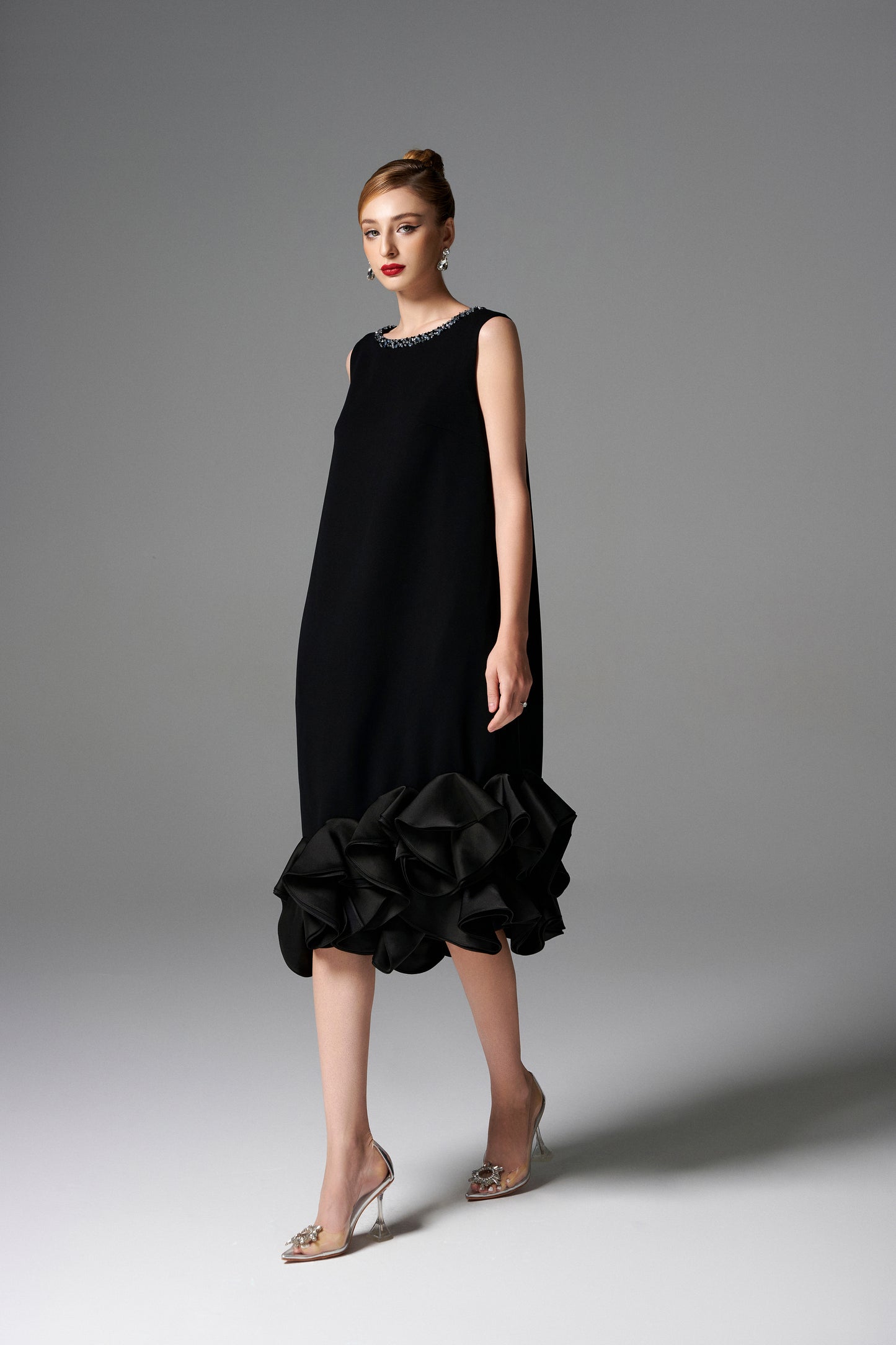 Sleeveless Black Midi Dress with Embellished Neckline and Ruffled Hem