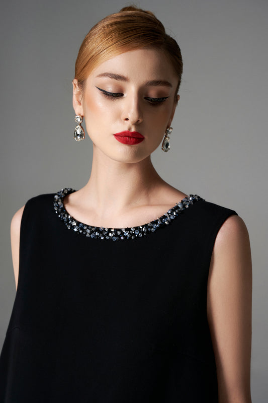 Sleeveless Black Midi Dress with Embellished Neckline and Ruffled Hem