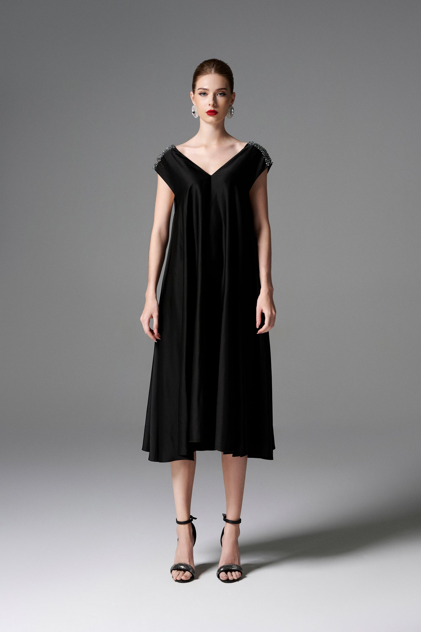 Black V-Neck Midi Dress with Beaded Shoulders