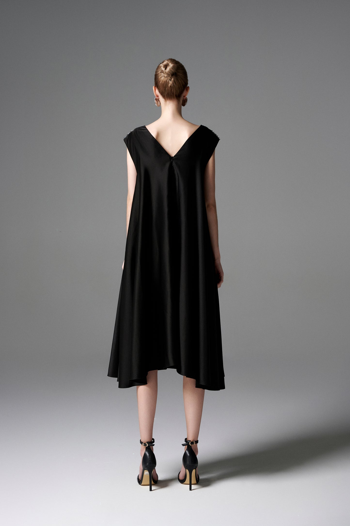 Black V-Neck Midi Dress with Beaded Shoulders