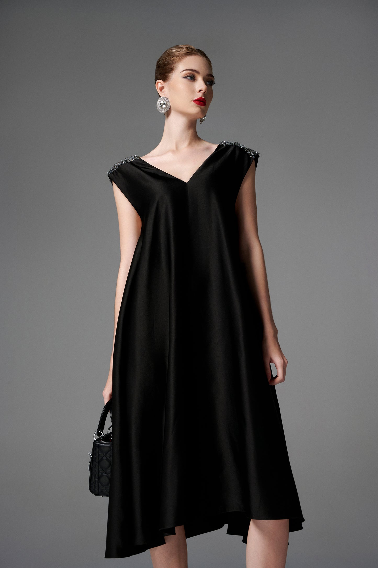 Black V-Neck Midi Dress with Beaded Shoulders