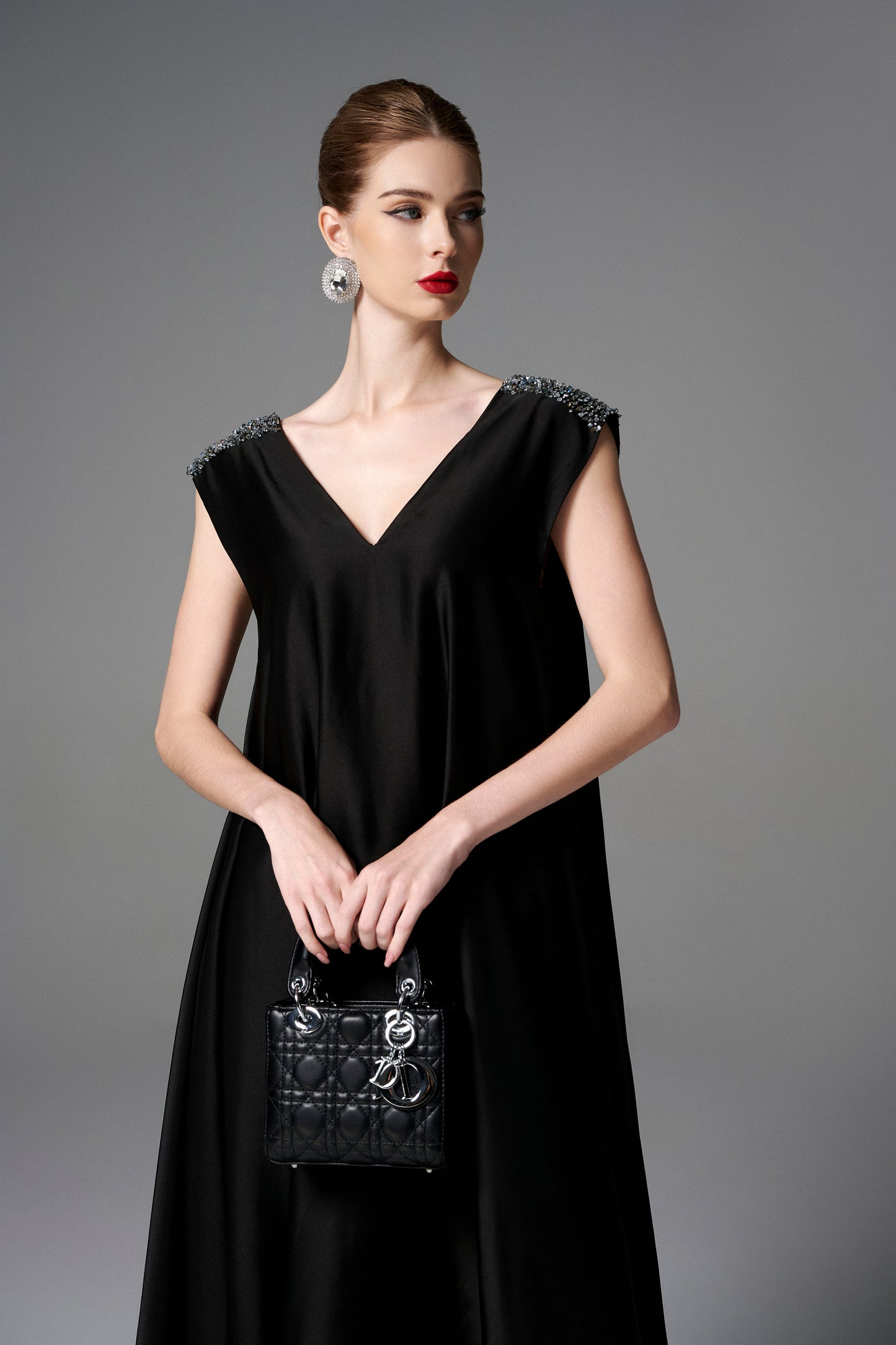 Black V-Neck Midi Dress with Beaded Shoulders