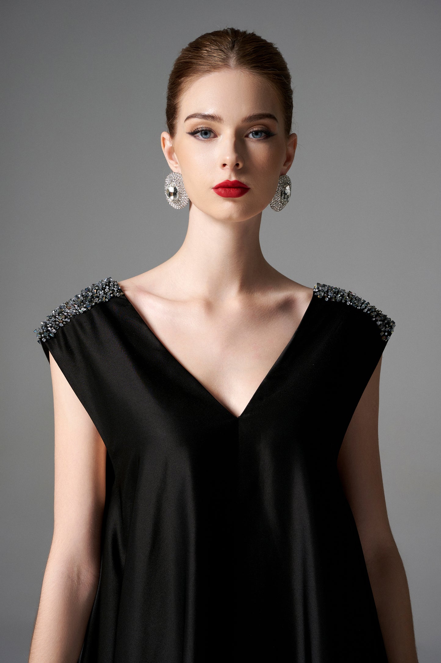 Black V-Neck Midi Dress with Beaded Shoulders