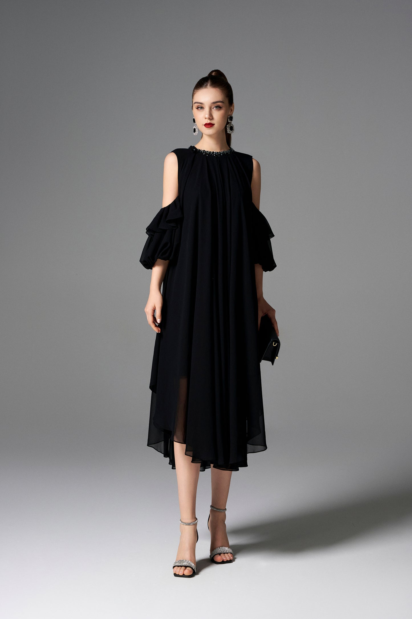 Black Cold-Shoulder Chiffon Dress with Beaded Collar