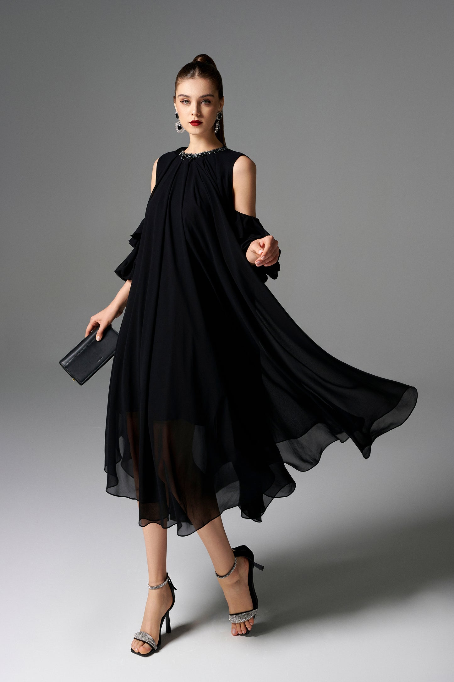 Black Cold-Shoulder Chiffon Dress with Beaded Collar