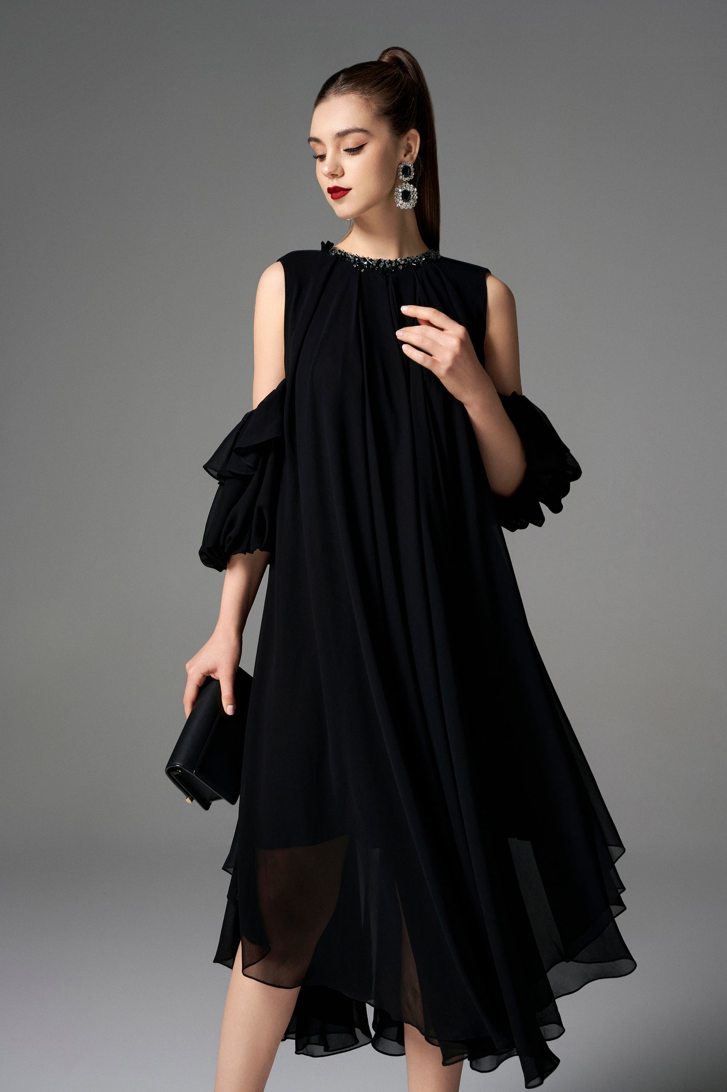 Black Cold-Shoulder Chiffon Dress with Beaded Collar