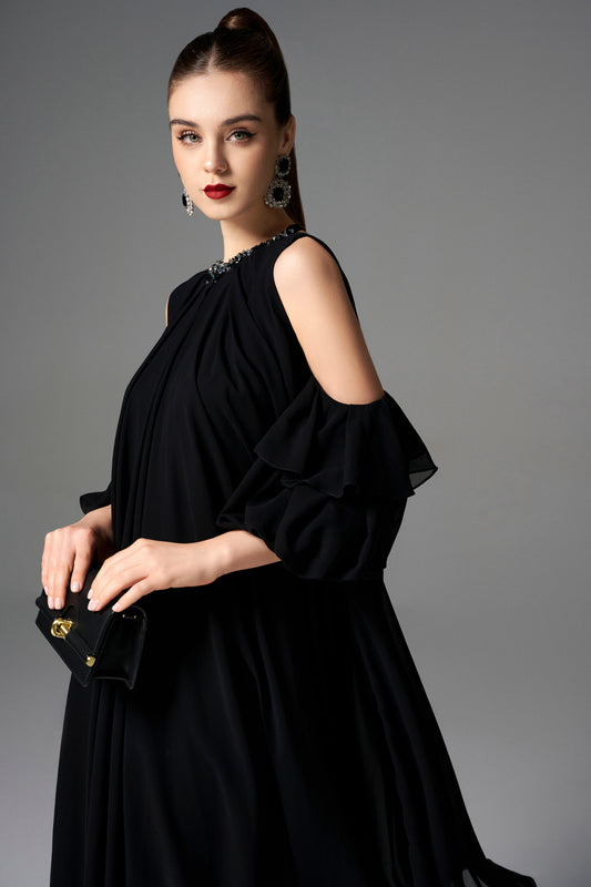 Black Cold-Shoulder Chiffon Dress with Beaded Collar