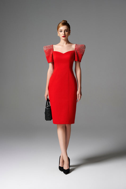 Puff Sleeve Pencil Dress with Beaded Shoulders