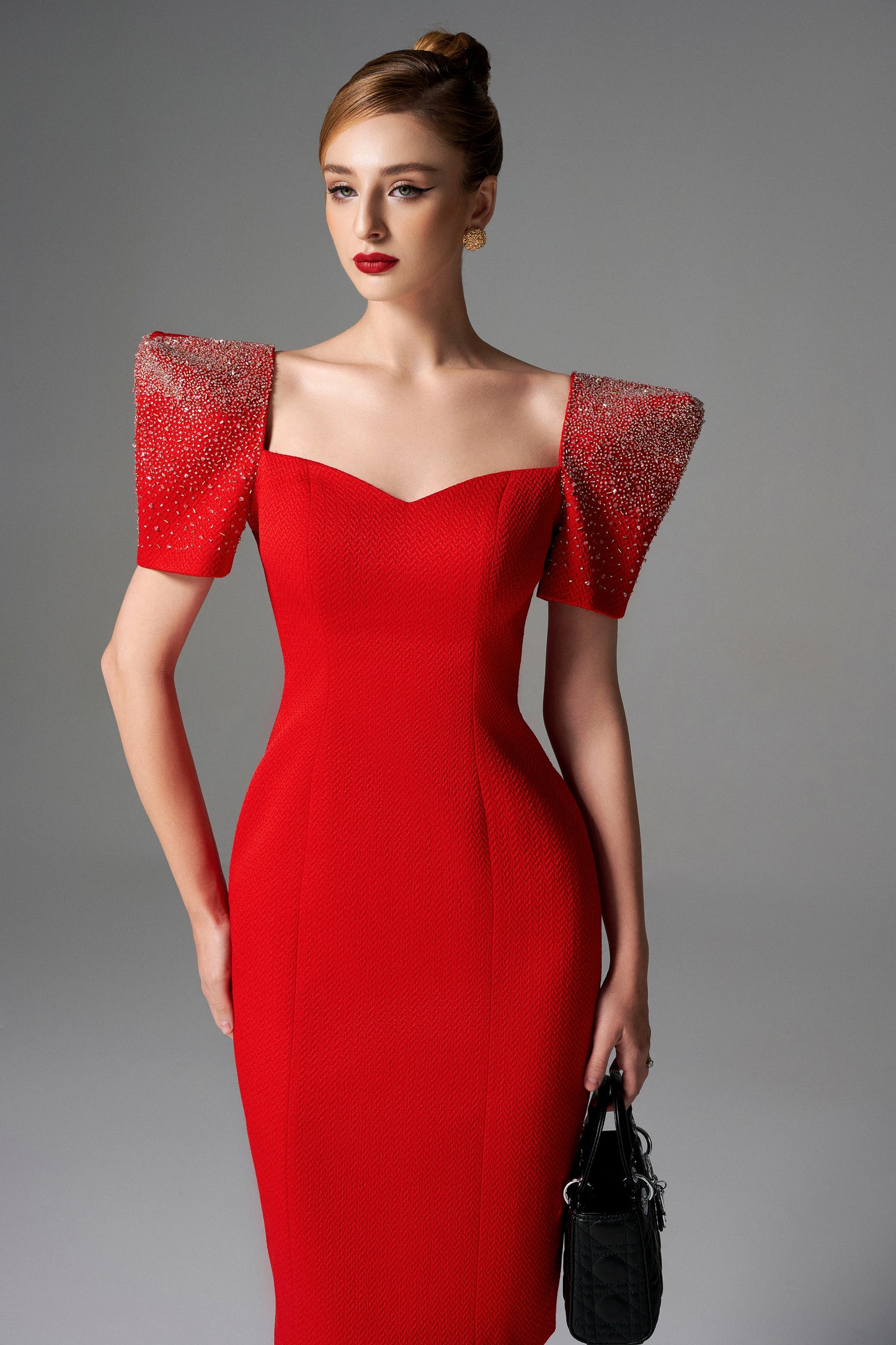 Puff Sleeve Pencil Dress with Beaded Shoulders
