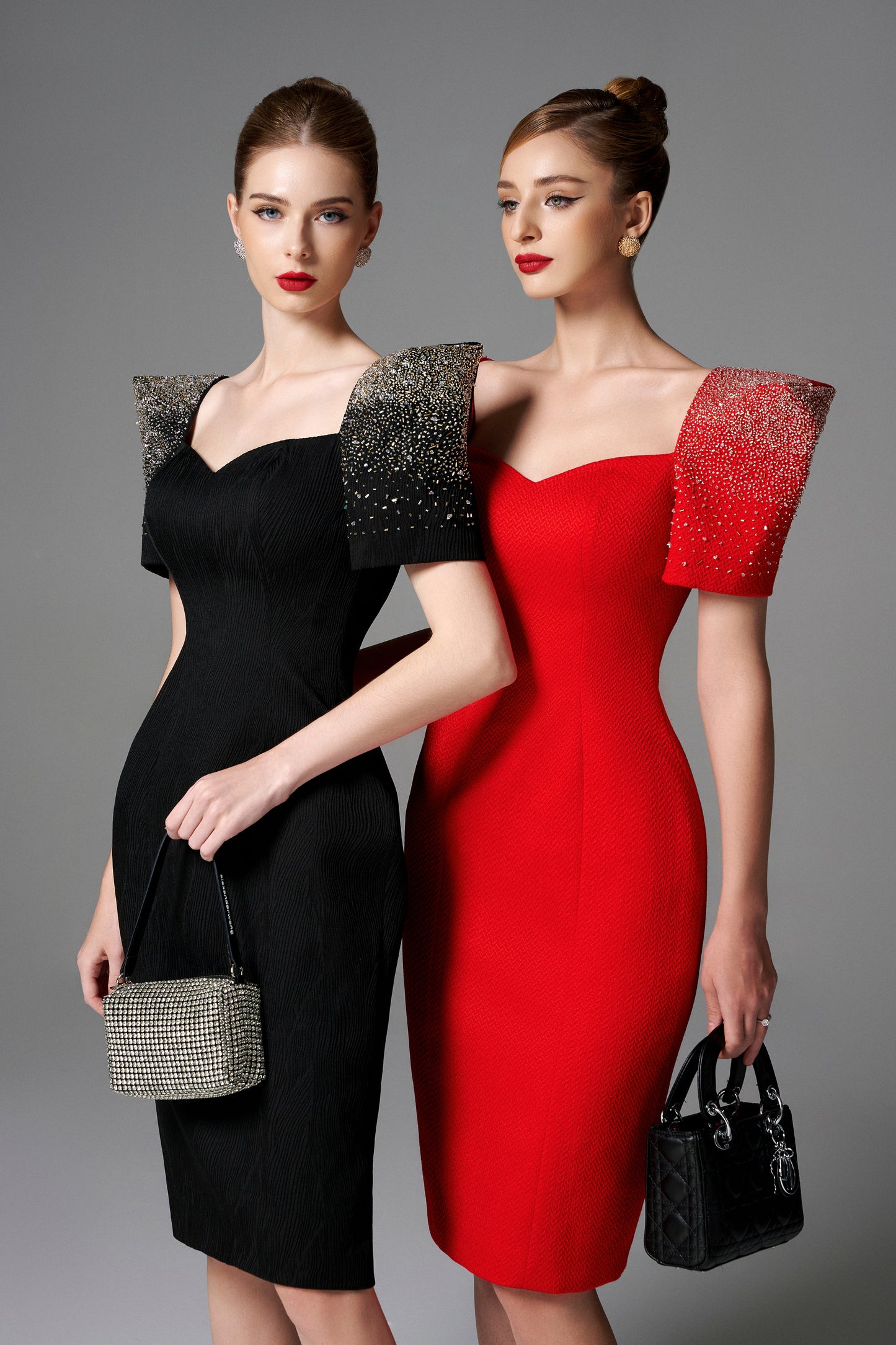 Puff Sleeve Pencil Dress with Beaded Shoulders