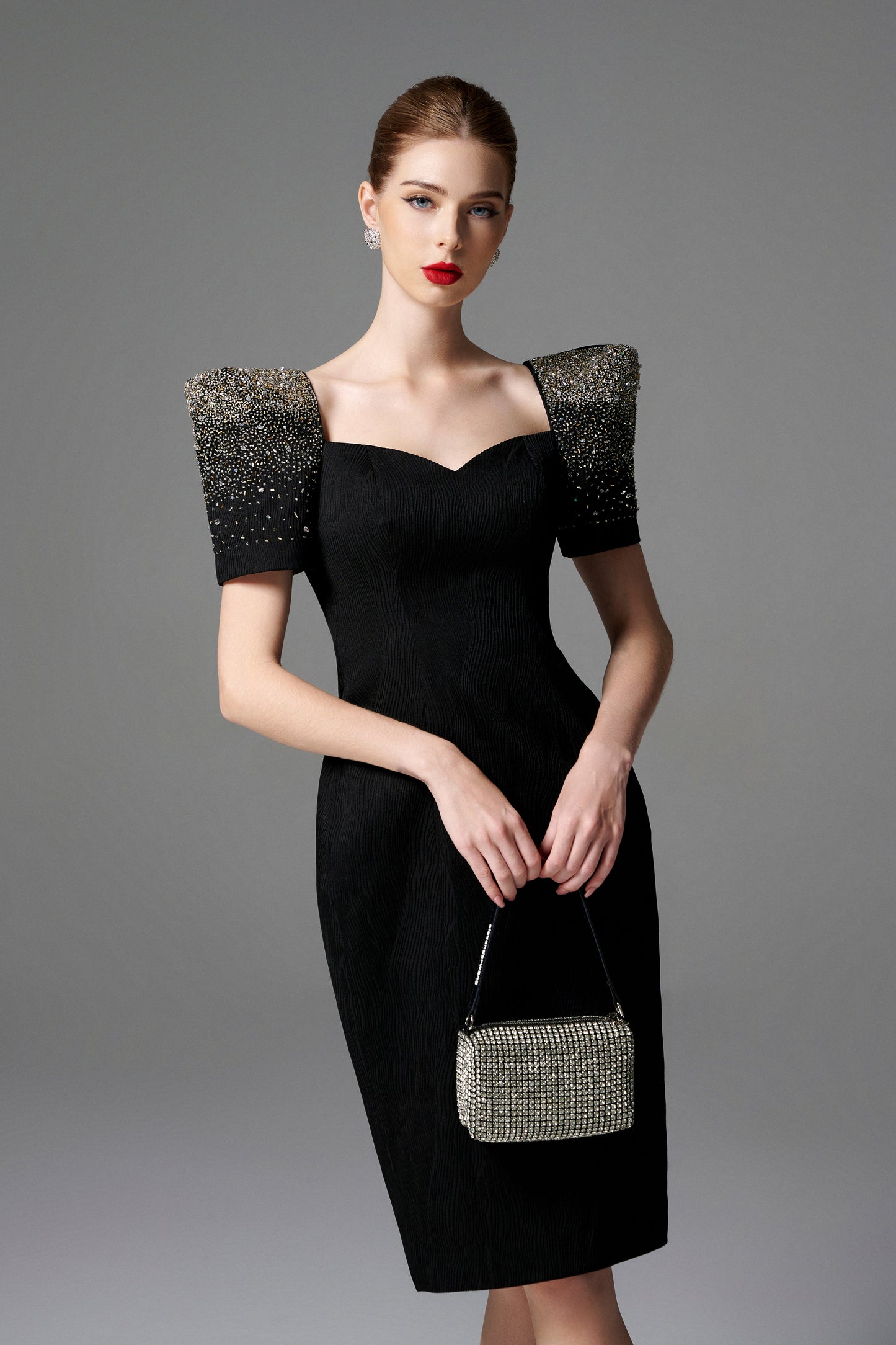 Puff Sleeve Pencil Dress with Beaded Shoulders