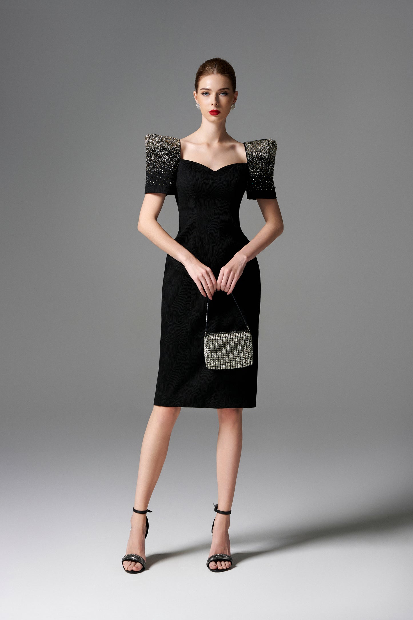 Puff Sleeve Pencil Dress with Beaded Shoulders