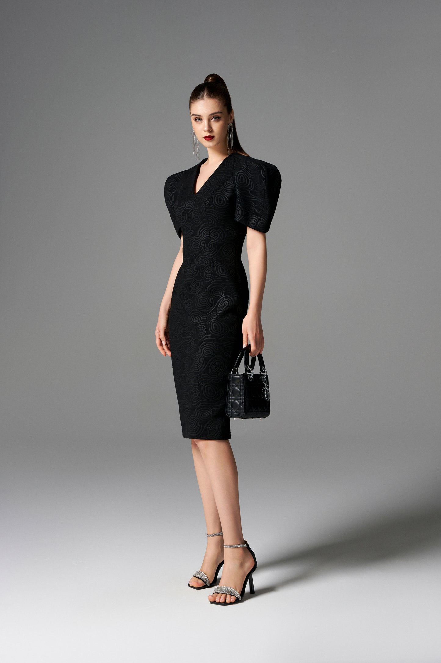 Black Sculpted Sleeve Bodycon Midi Dress with Textured Pattern