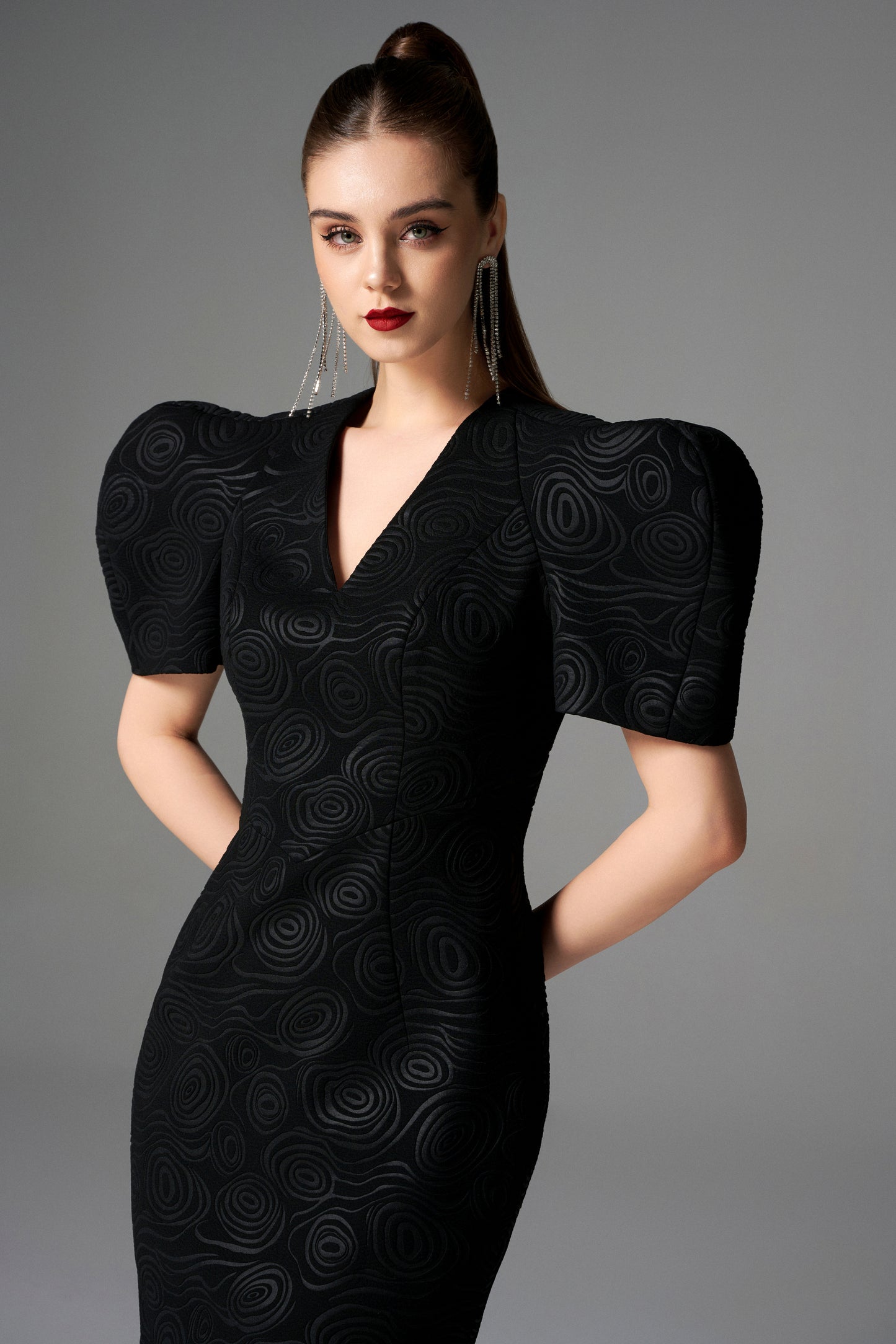 Black Sculpted Sleeve Bodycon Midi Dress with Textured Pattern