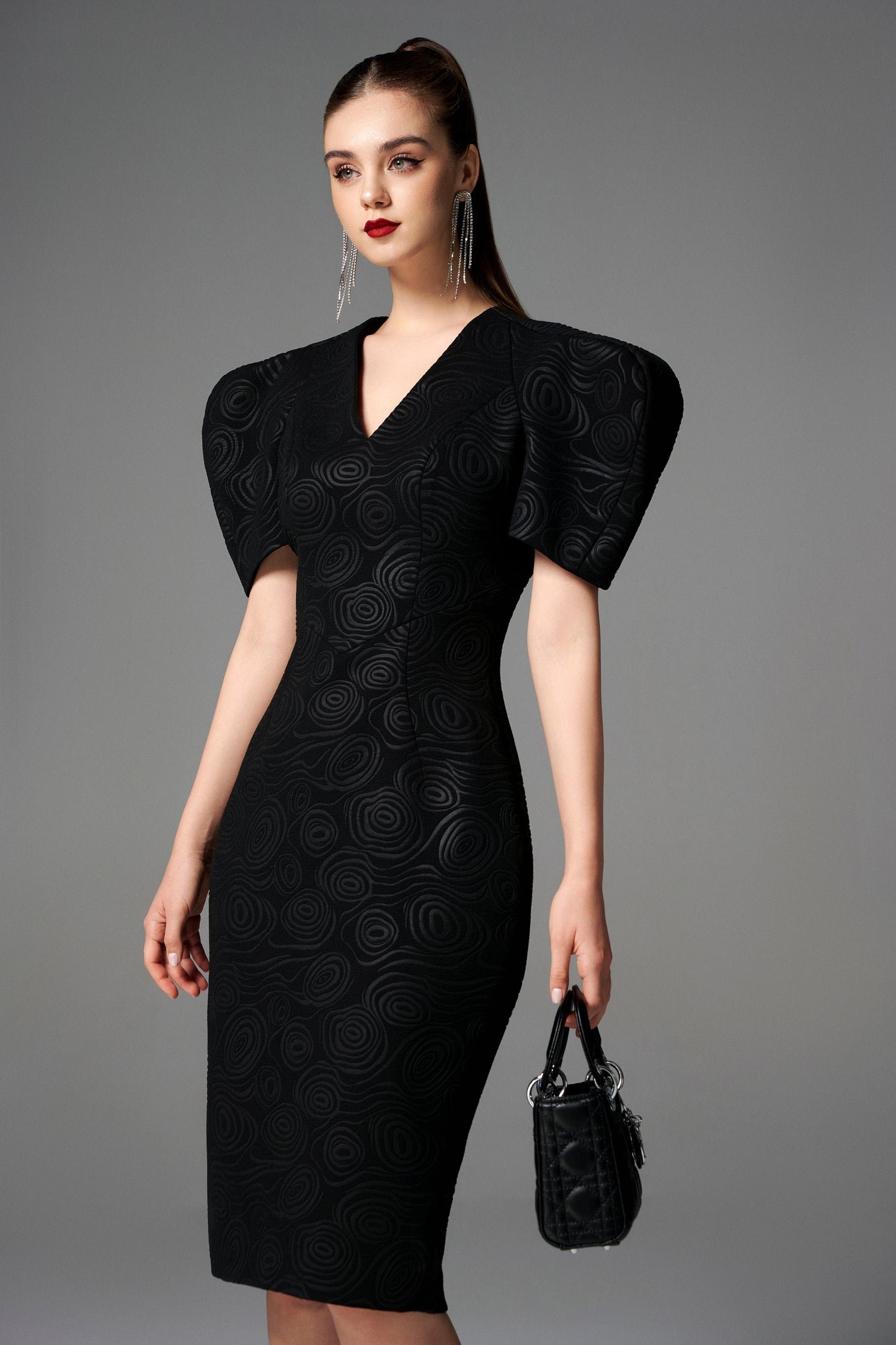 Black Sculpted Sleeve Bodycon Midi Dress with Textured Pattern
