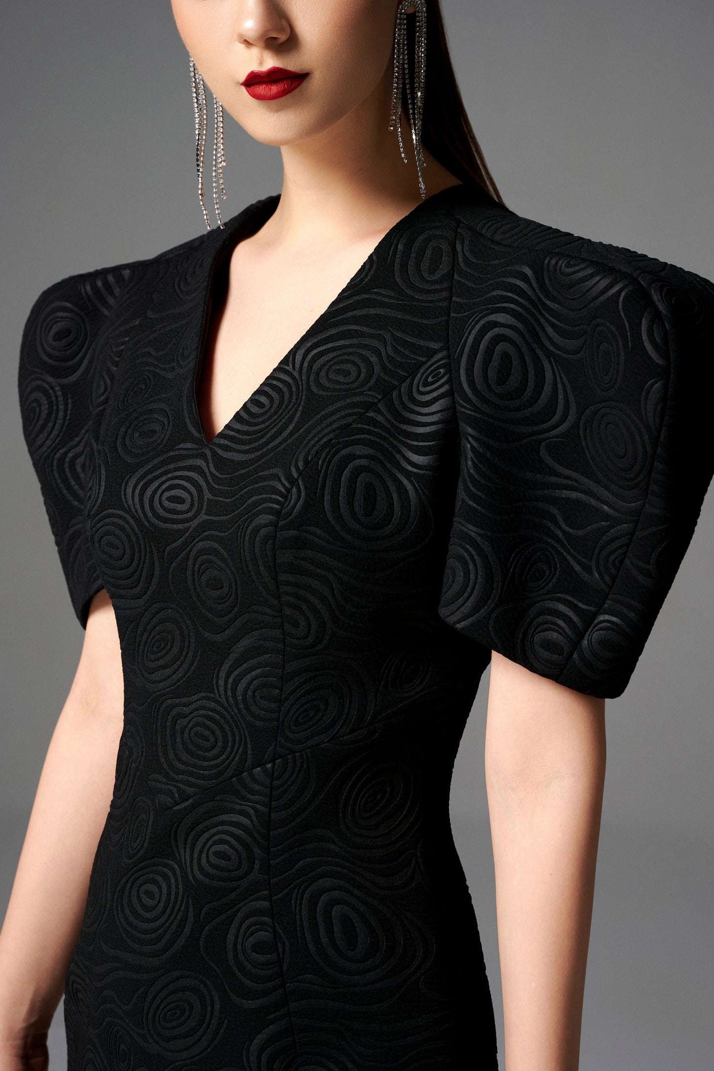 Black Sculpted Sleeve Bodycon Midi Dress with Textured Pattern