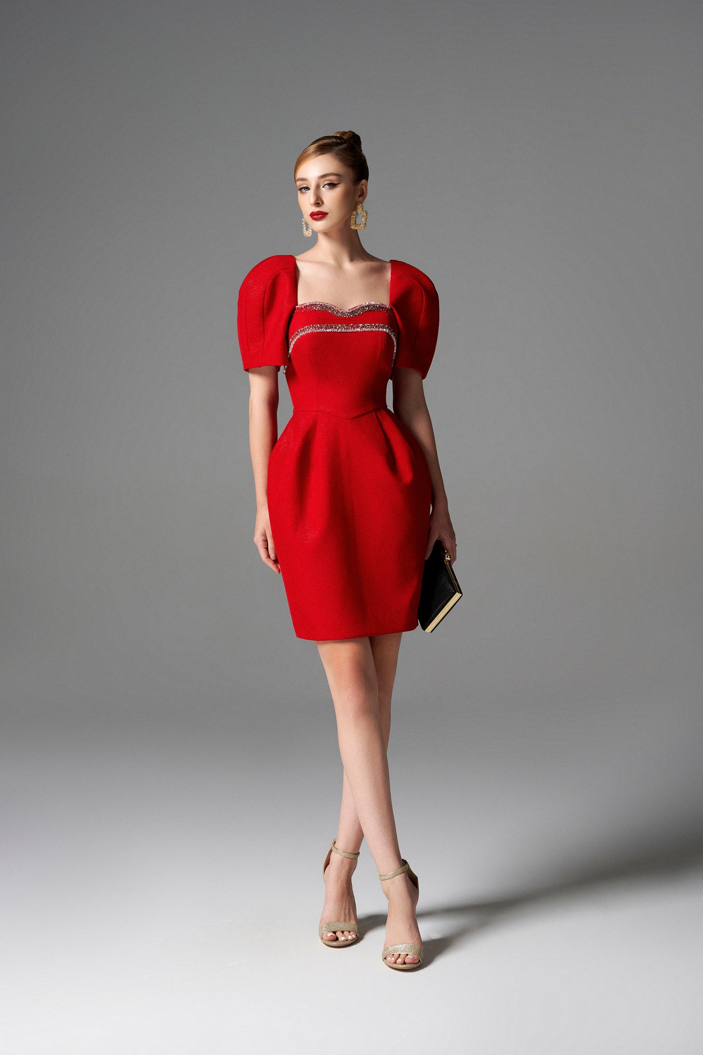 Bold Red Cocktail Dress with Embellished Sweetheart Neckline