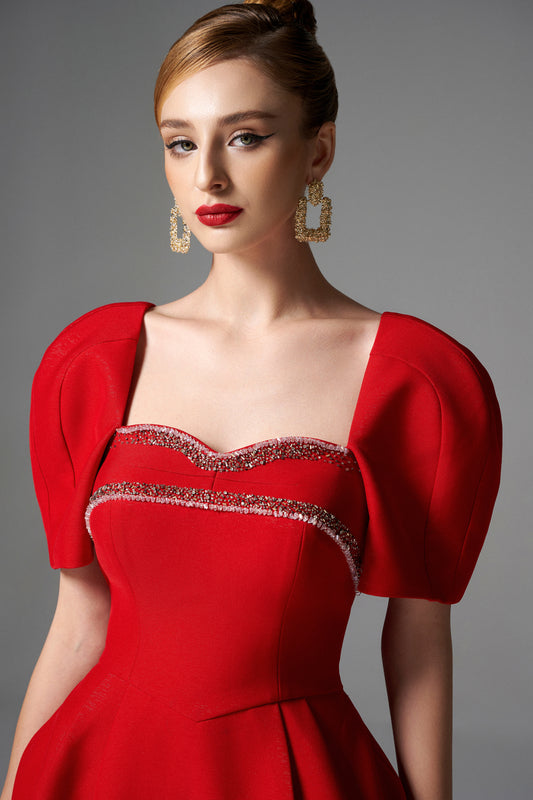 Bold Red Cocktail Dress with Embellished Sweetheart Neckline