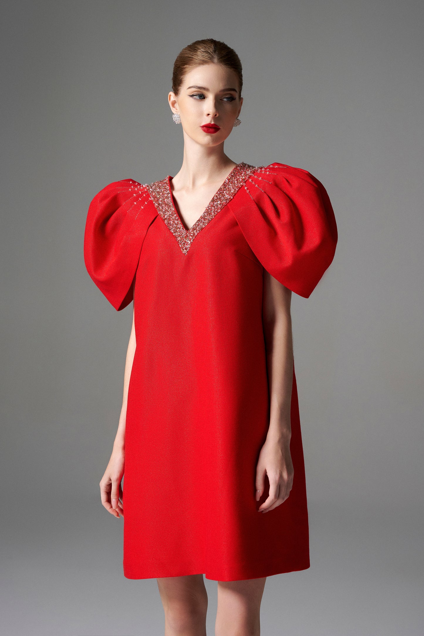 Red A-Line Dress with Embellished V-Neckline and Puff Sleeves