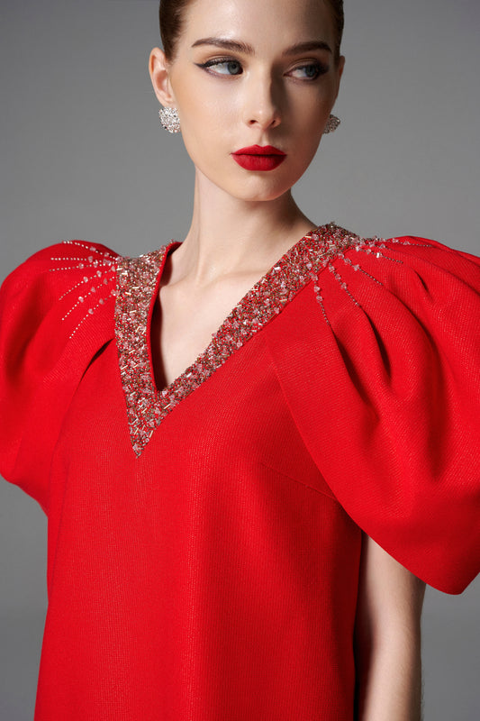 Red A-Line Dress with Embellished V-Neckline and Puff Sleeves